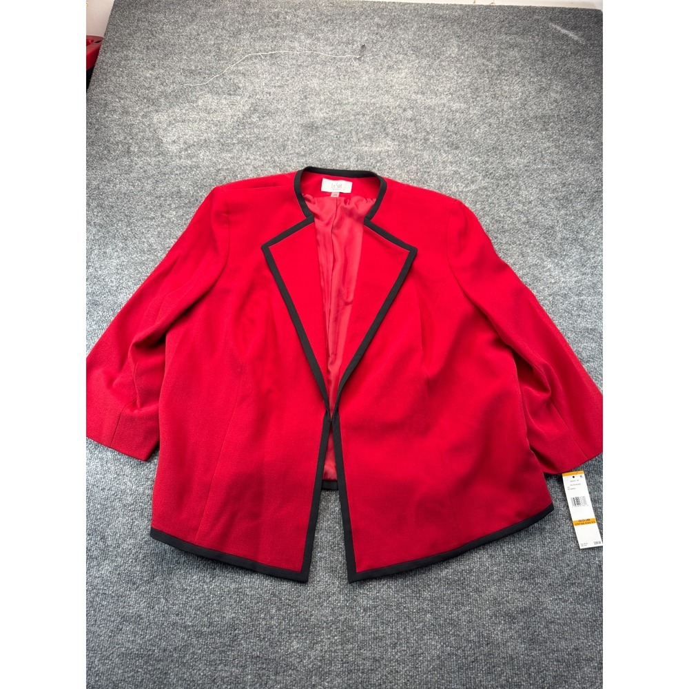 Le Suit Open Front Jacket Blazer Womens 24W Red Black Trim Lined Office Chic